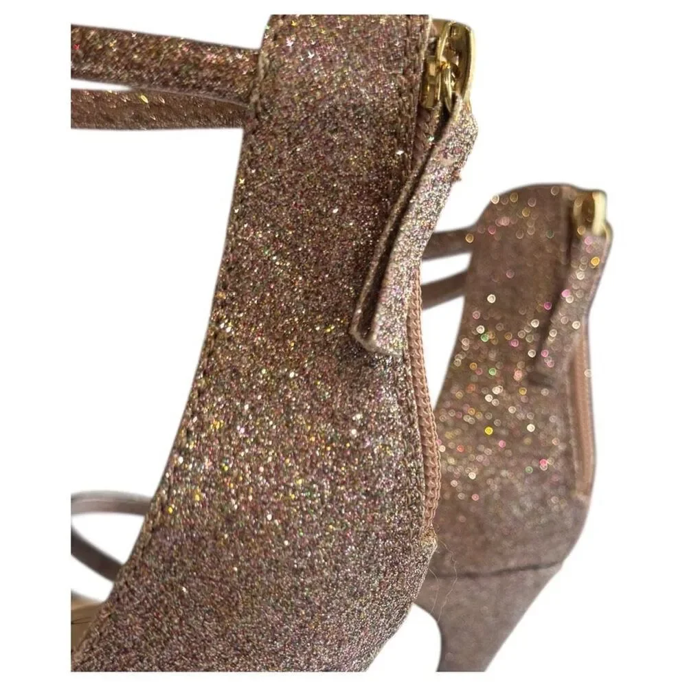Bebe Berdine Ankle-Strap Stiletto Heel Sandals Pink Blush Metallic Glitter Size